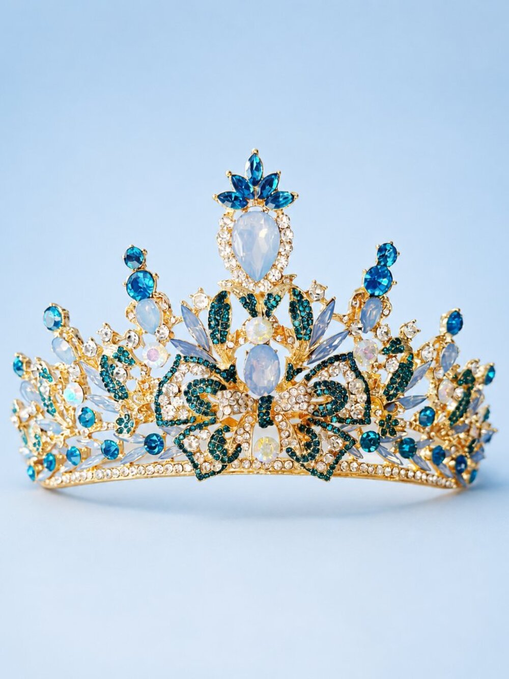 Blue Crystal Tiara Crown, Gold Crystal Bridal Wedding Pageant Prom Headpiece